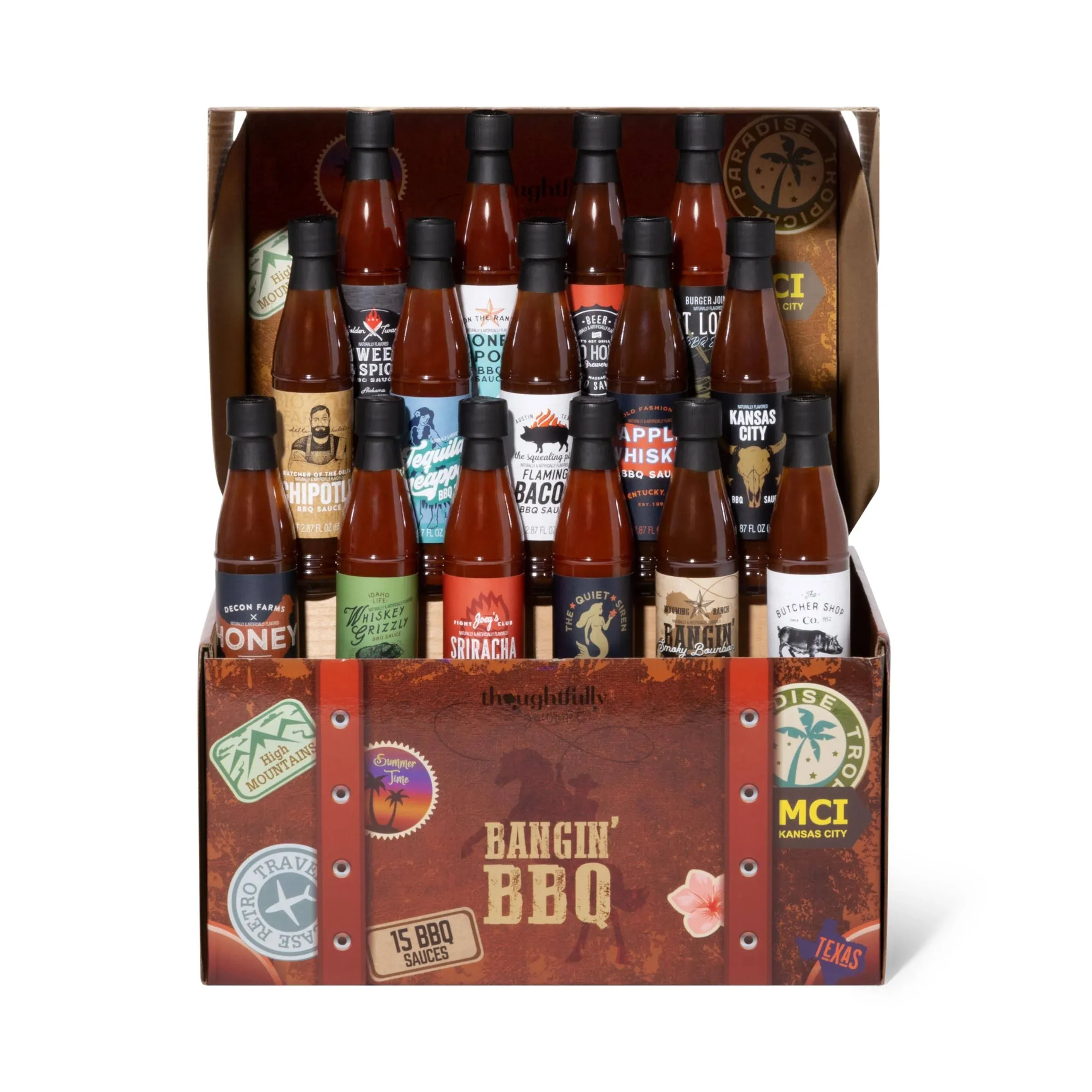 "Thoughtfully Gourmet, Bangin' BBQ Sauce Variety Pack in a Travel Themed Suitcase, Vegan and Vegetarian, Flavors Include Mango, Flaming Bacon, Chipotle, Garlic and More in Glass Bottles, Pack of 15"