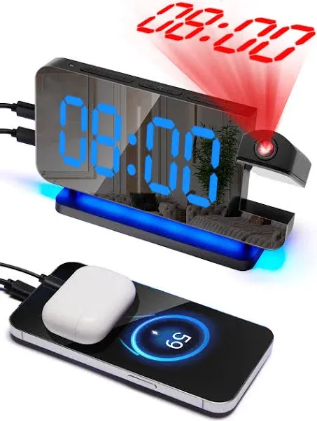 Projection Clock for Bedroom Ceiling, 6.5'' LED Digital Mirror Clock, 180° Projection Alarm Clock, 6-Level Dimmer Projector Clock, 11 Colors+Loud Projection Clock for Bedroom Ceiling with USB C Port