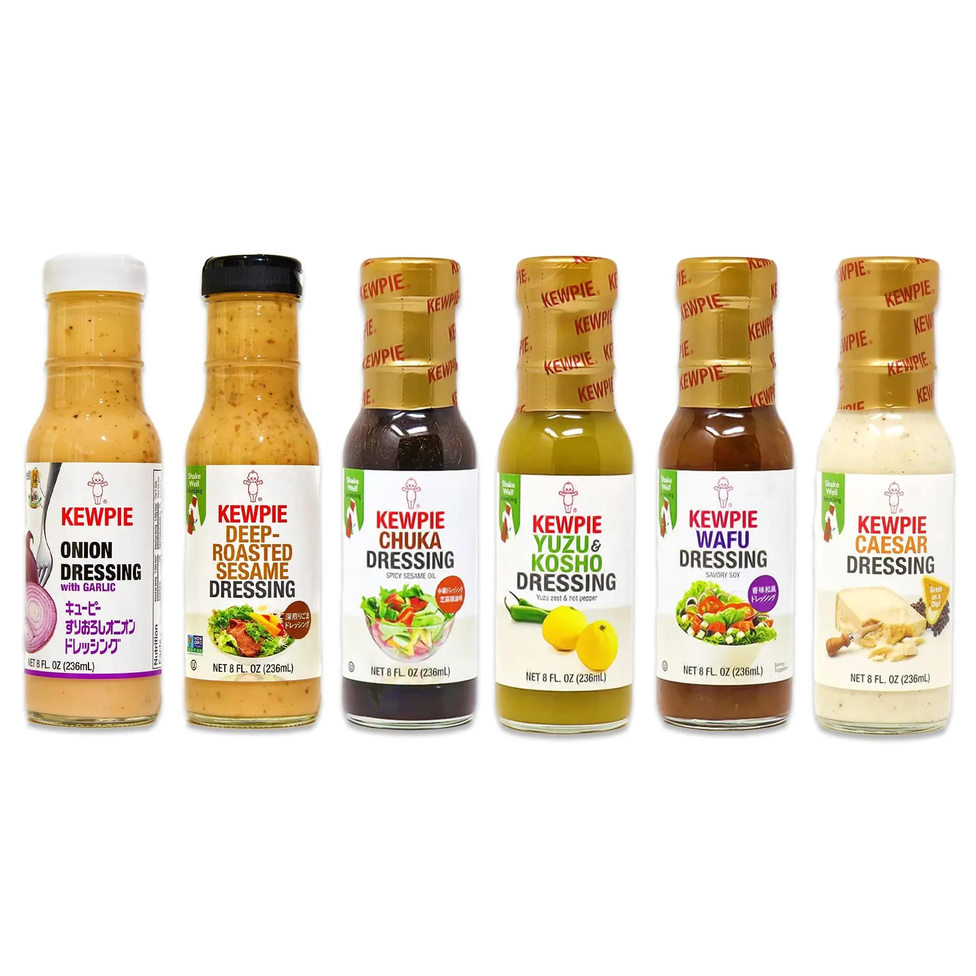 Kewpie Dressing Variety 6 Pack of Japanese Salad Dressing including Kewpie Deep Roasted Sesame Dressing, Yuzu Kosho, Caesar, Onion Dressing with Garlic, Spicy Sesame Oil, and Savory Soy