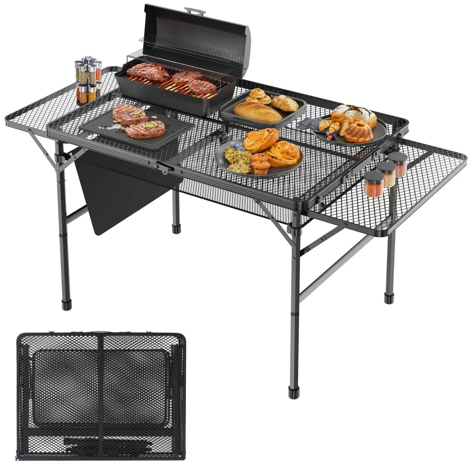 WildFinder Folding Table with 2 Wing Panels 3x2 ft Camping Table with Mesh Desktop Height Adjustable Folding Grill Table with M