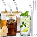 Dealusy 4 Glass Cups with Lids, Straws, and Brushes - 16 oz Drinking Cup Set with Bamboo Lids and Straws for Iced Coffee, Tumblers with Straw and Lid