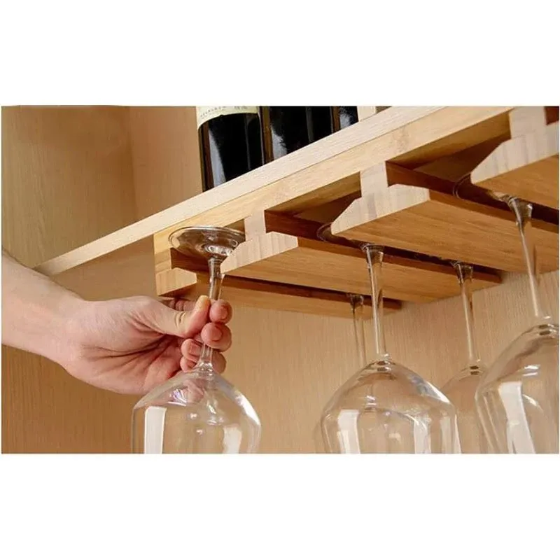 Bamboo Wine Glass Holder, Hold Up to 6 Wine Glasses, Hanging Stemware Display Rack, Under Cabinet Mounted Wine Glass Drying Storage Hanger Organizer Rack (6-glass)