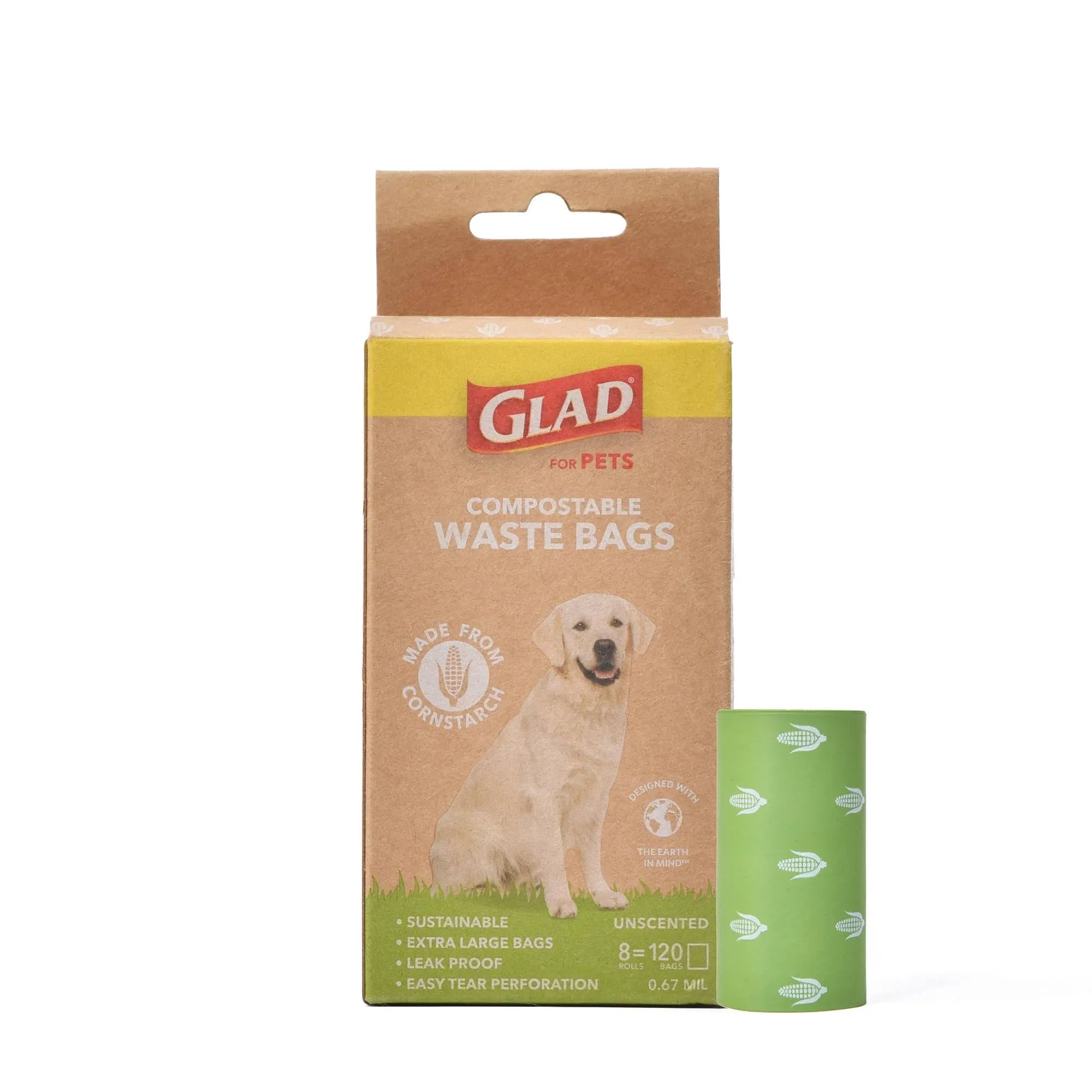 GLAD for Pets Compostable Waste Bags, Extra Large Size, 120 Count | Sustainable Dog Waste Bags Made from Cornstarch, Certified At-Home and Industrially Compostable Poop Bags