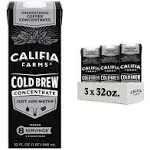 Califia Farms - Unsweetened Cold Brew Coffee Concentrate, 32 Oz (Pack of 3), 100% Arabica, Shelf Stable, Plant Based, Vegan, Gluten Free, Non GMO, Sugar Free, Iced Coffee