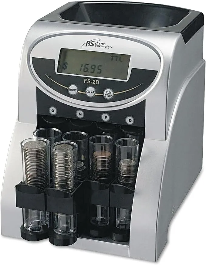 Royal Sovereign Electric USD Coin Counter/Sorter, 2 Rows with Patented Anti-Jam Technology and Value Counting, Silver (FS-2N)