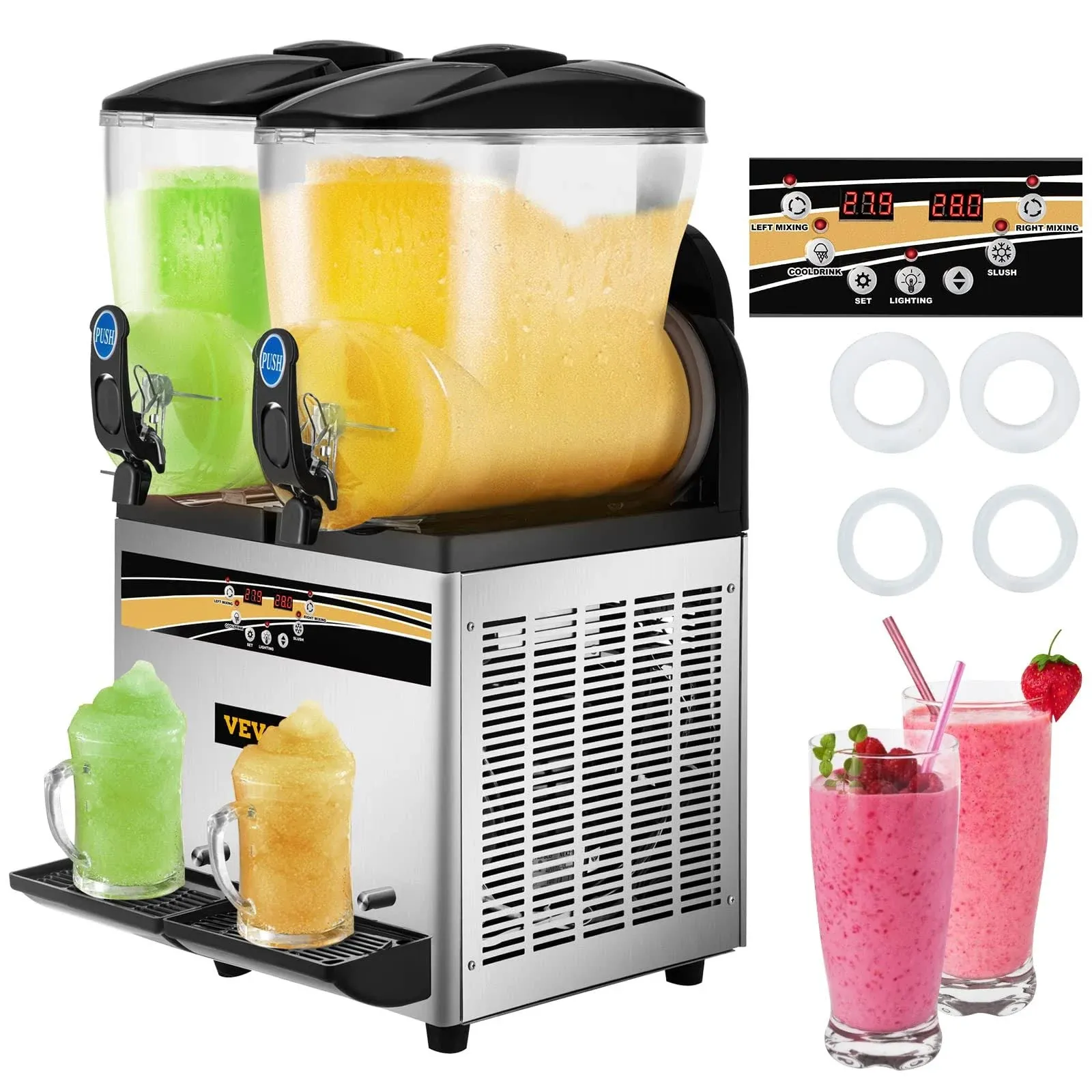 VEVOR Commercial Slushy Machine, 15Lx2 Tank Margarita Maker, 1000W Stainless Steel Smoothie Frozen Drink Maker For Supermarkets Cafés Restaurants