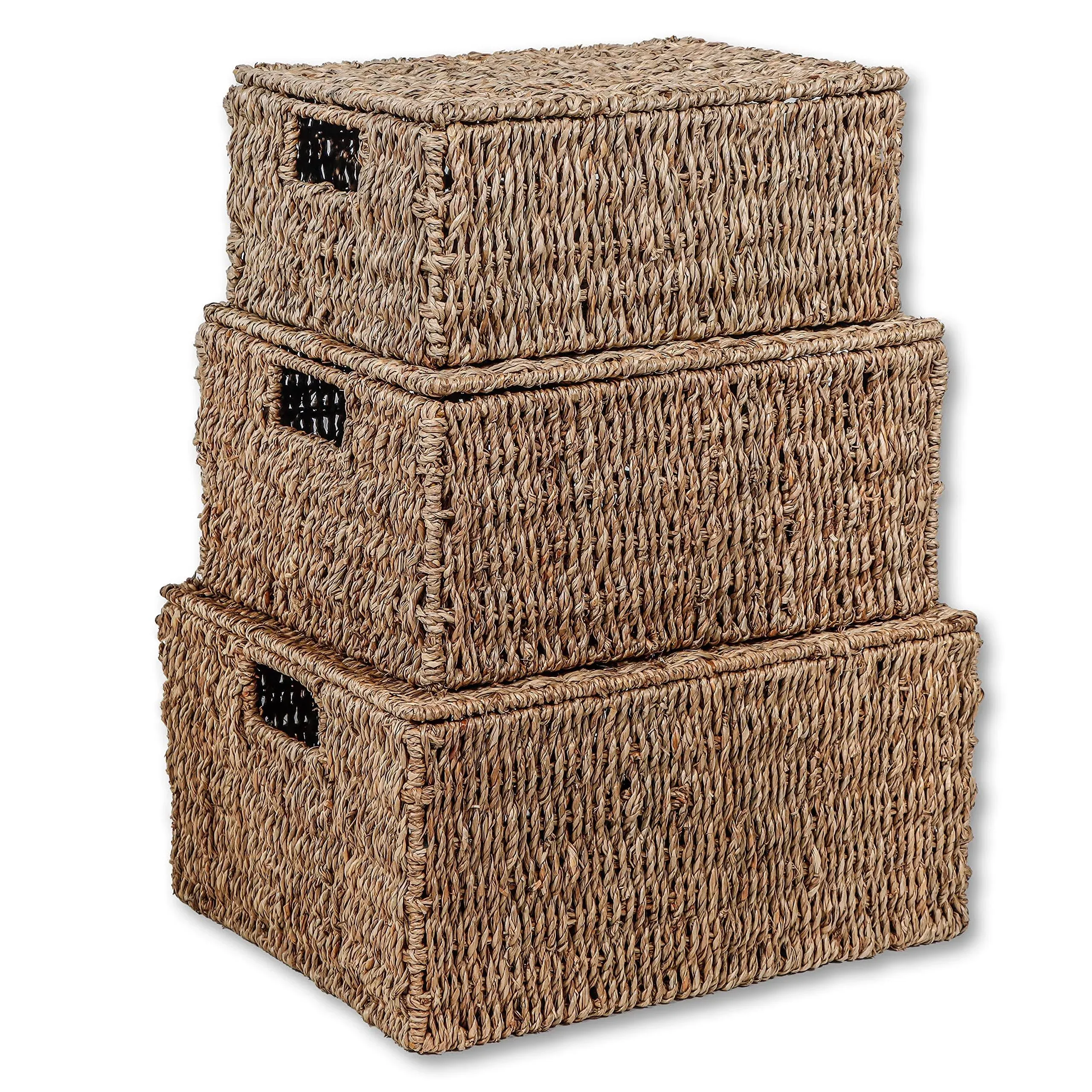 Trademark Innovations Set of 3 Rectangular Seagrass Baskets with Lids, Natural (Large)