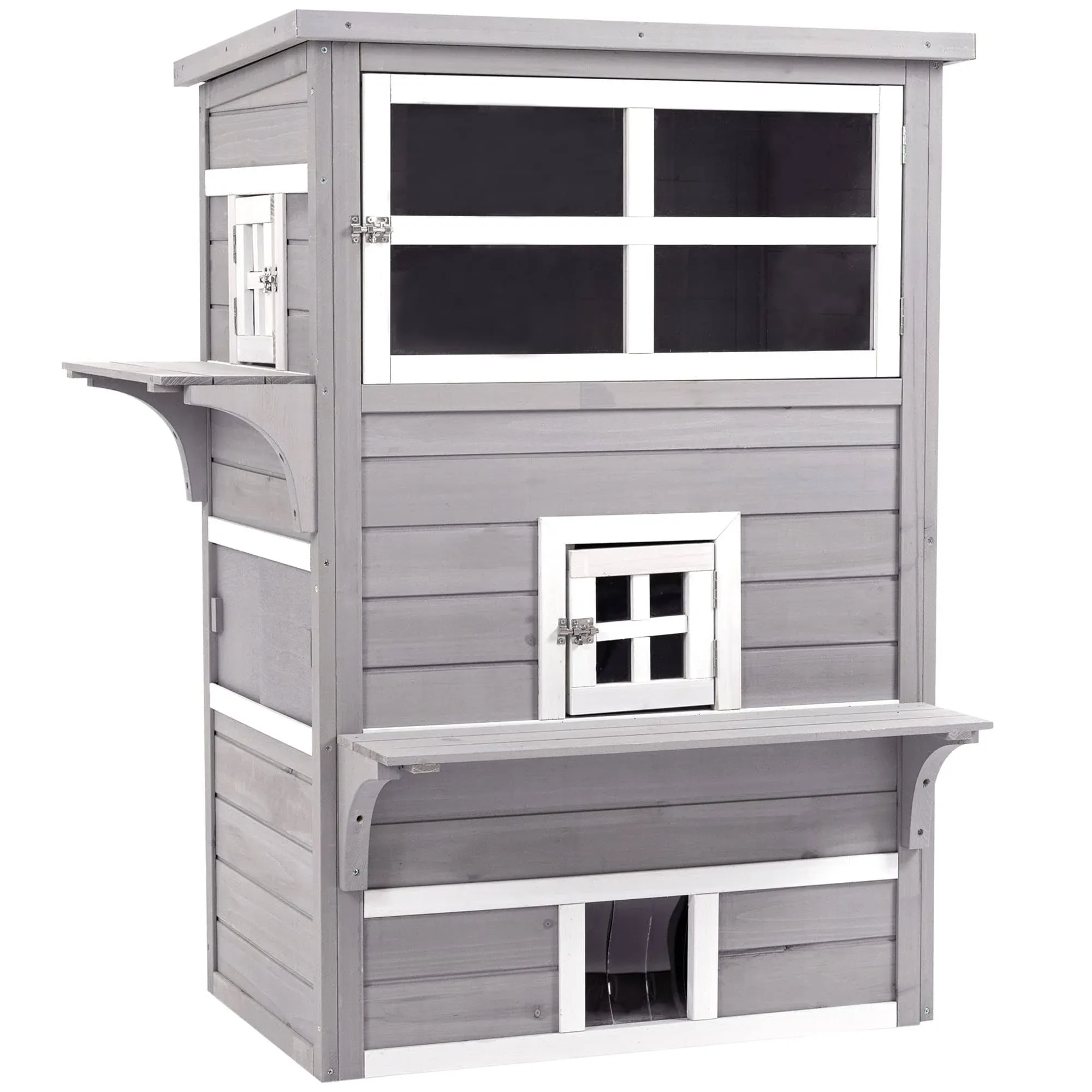 PawHut 3-Story Cat House Feral Cat Shelter, Outdoor Kitten Condo with Raised ...