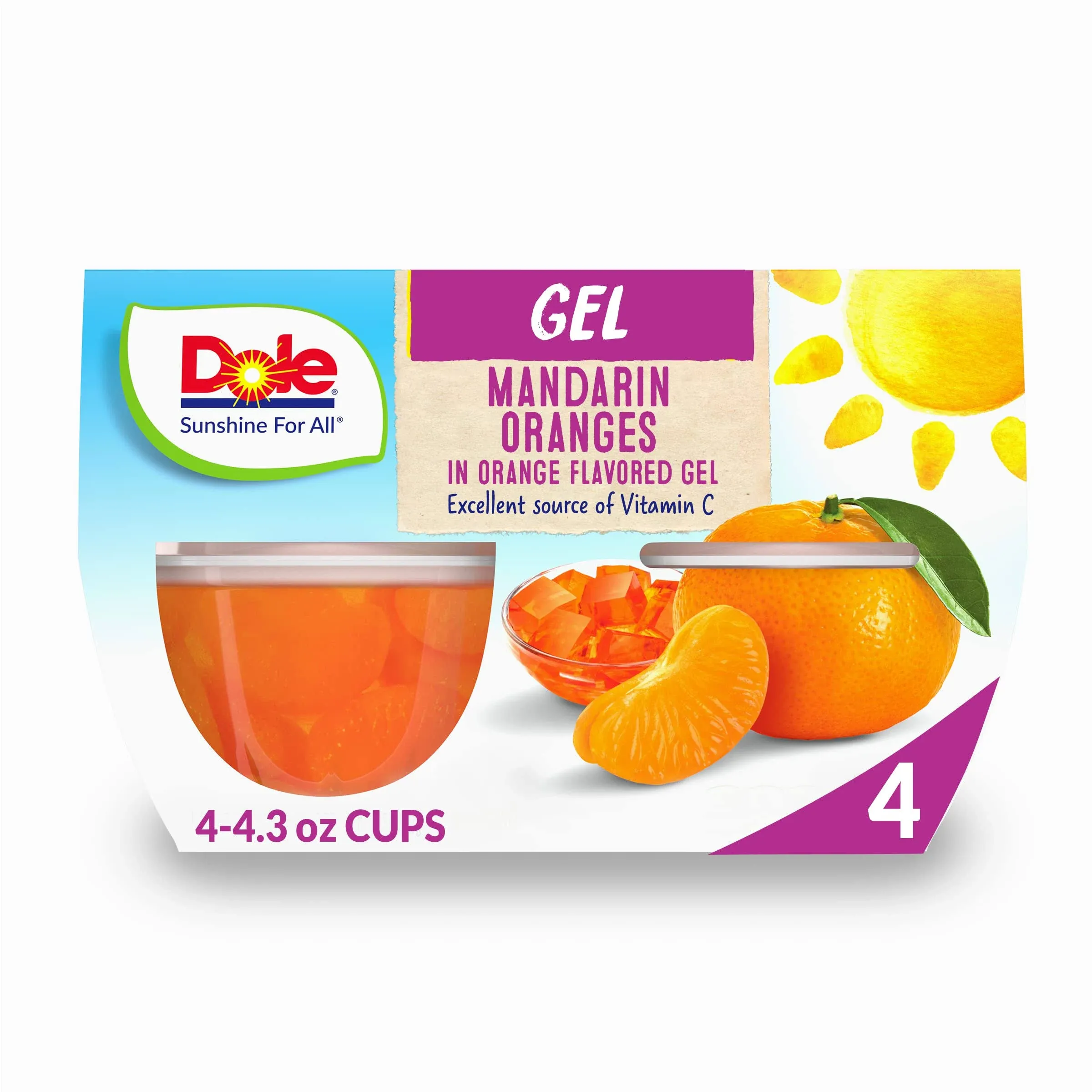 Dole Mandarin Oranges, In Orange Flavored Gel - 4 pack, 4.3 oz cups