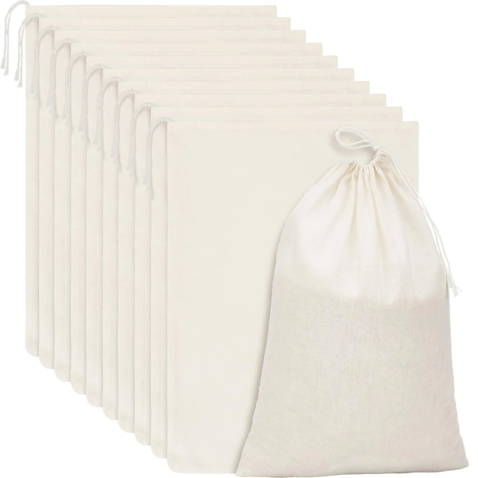 Pangda 15 Packs Cotton Muslin Bags with Drawstring, Natural Color (13.8 x 10 inches)