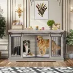 Yafylly 2-in-1 Double Dog Crate Furniture with Divider 60.6 inch Grey Sturdy Dog Kennel TV Stand with 2 Sliding Doors and Thick Iron Door Frame for 2