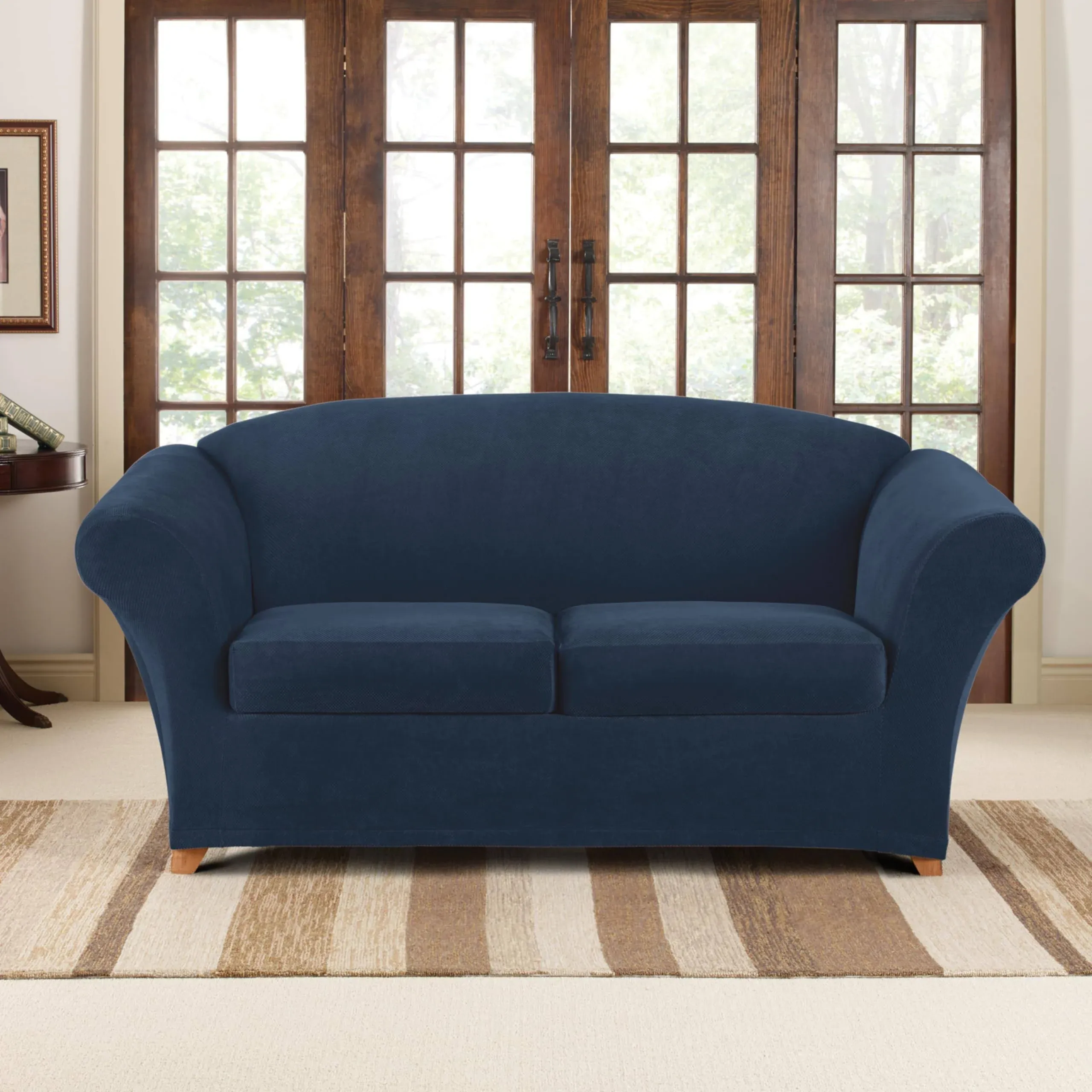 3PC Surefit Stretch Pique Box Loveseat Slipcover in Navy China New