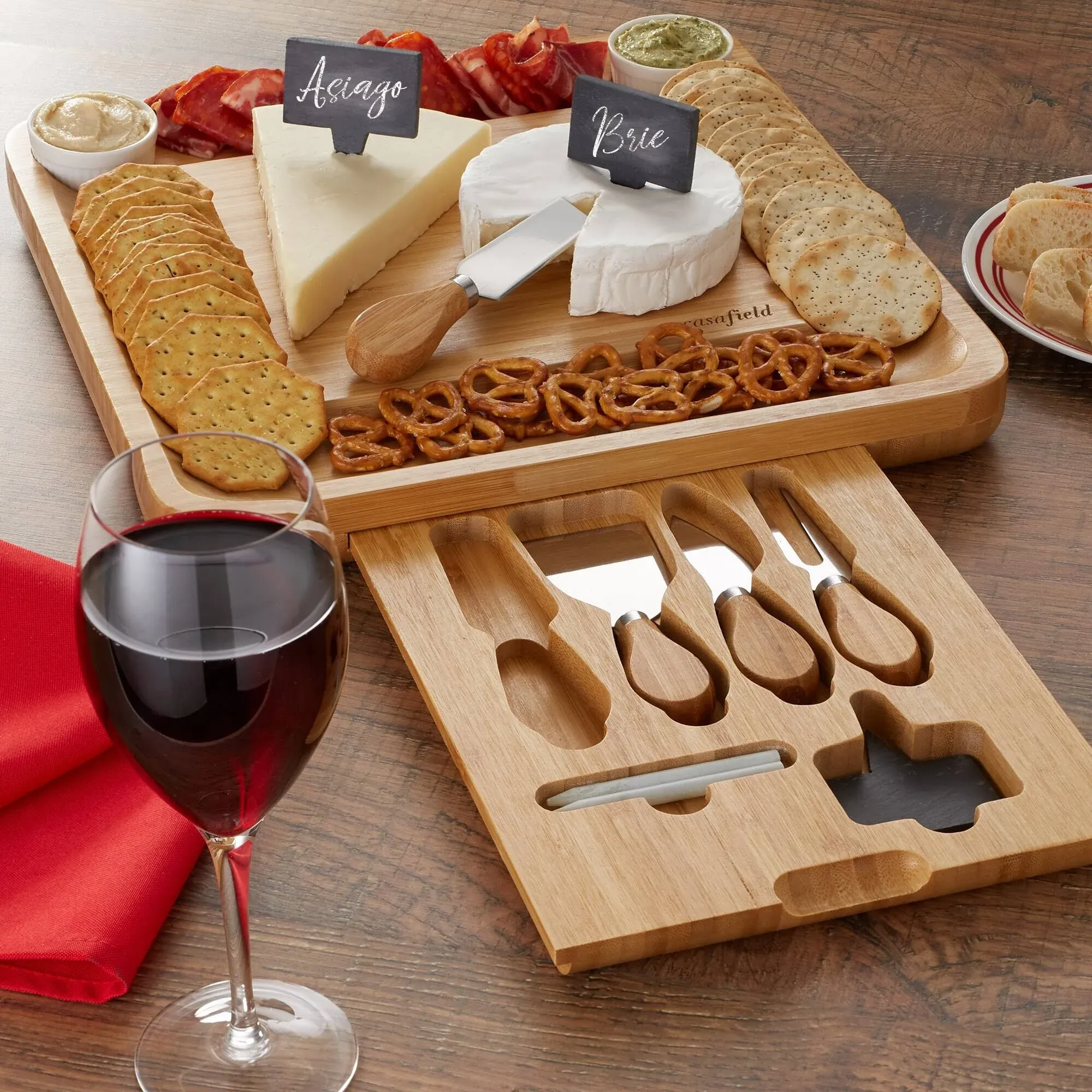 Bamboo Cheese Board Gift Set with 2 Bowls & 4 Knives by Casafield