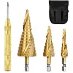 LepoHome 3pcs High-Speed Steel Spiral Step Drill Bit Set with Automatic Spring Loaded Center Punch Power Tools Cone Titanium Coated Metal Hole Cutter