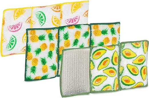 Smart Design Heavy Duty Scrub Sponge with Bamboo Odorless Rayon Fiber - Set of 9 - Ultra Absorbent - Soft & Metallic Scrub - Cleaning Dishes & Hard Stains - Kitchen - Pineapple, Citrus, Avocado Prints