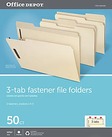 Office Depot® Brand Reinforced Manila Folder With 2 Embossed Fasteners, 1/3-Cut Tabs, Letter Size, Box Of 50