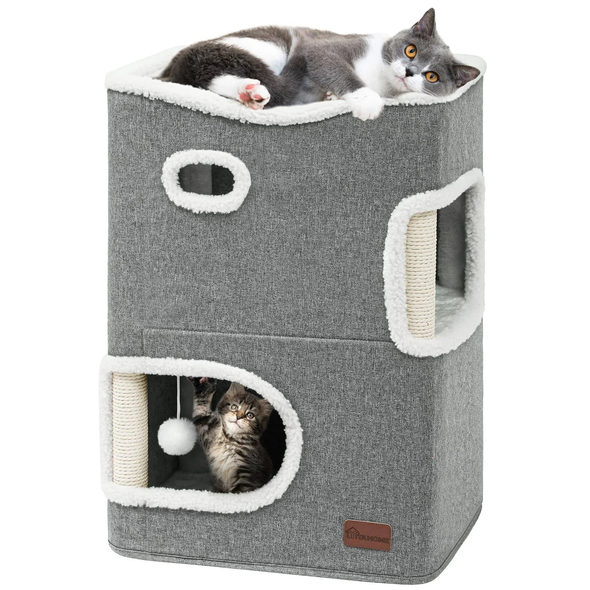 YITAHOME YIATHOME 2 Storey Cat House, Cat Beds for Indoor Cats, Small Cat Condo with Scratch Post and Hideaway Cave, Modern Cat Cube Playhouse for