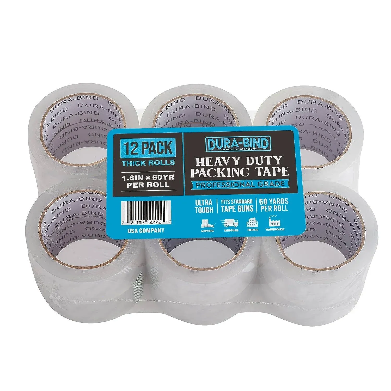 Heavy Duty Clear Packing Tape 1.8 Inch x 60 Yards. Tough, Long Lasting Transparent Packing Tape Refills for Shipping, Moving, Mailing, and All Box Types. Professional Grade. (12)