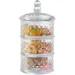 MyGift 3 Tier Vintage Embossed Diamond Cut Pattern Clear Glass Stacking Storage Container with Lid, Decorative Apothecary Jar, Candy Dish, Party Decor