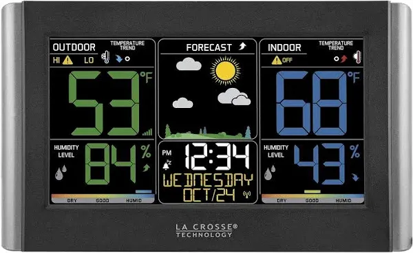 La Crosse Technology 513-1417CH-INT Atomic Digital Clock with Temperature and Moon Phase, 11.10"L x 1.14"W x 6.61"H, Cherry & C85845-INT Weather Station, Black