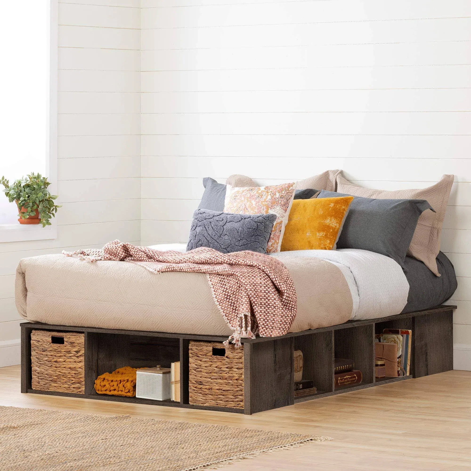 South Shore Avilla Storage Platform Bed with Wicker Baskets