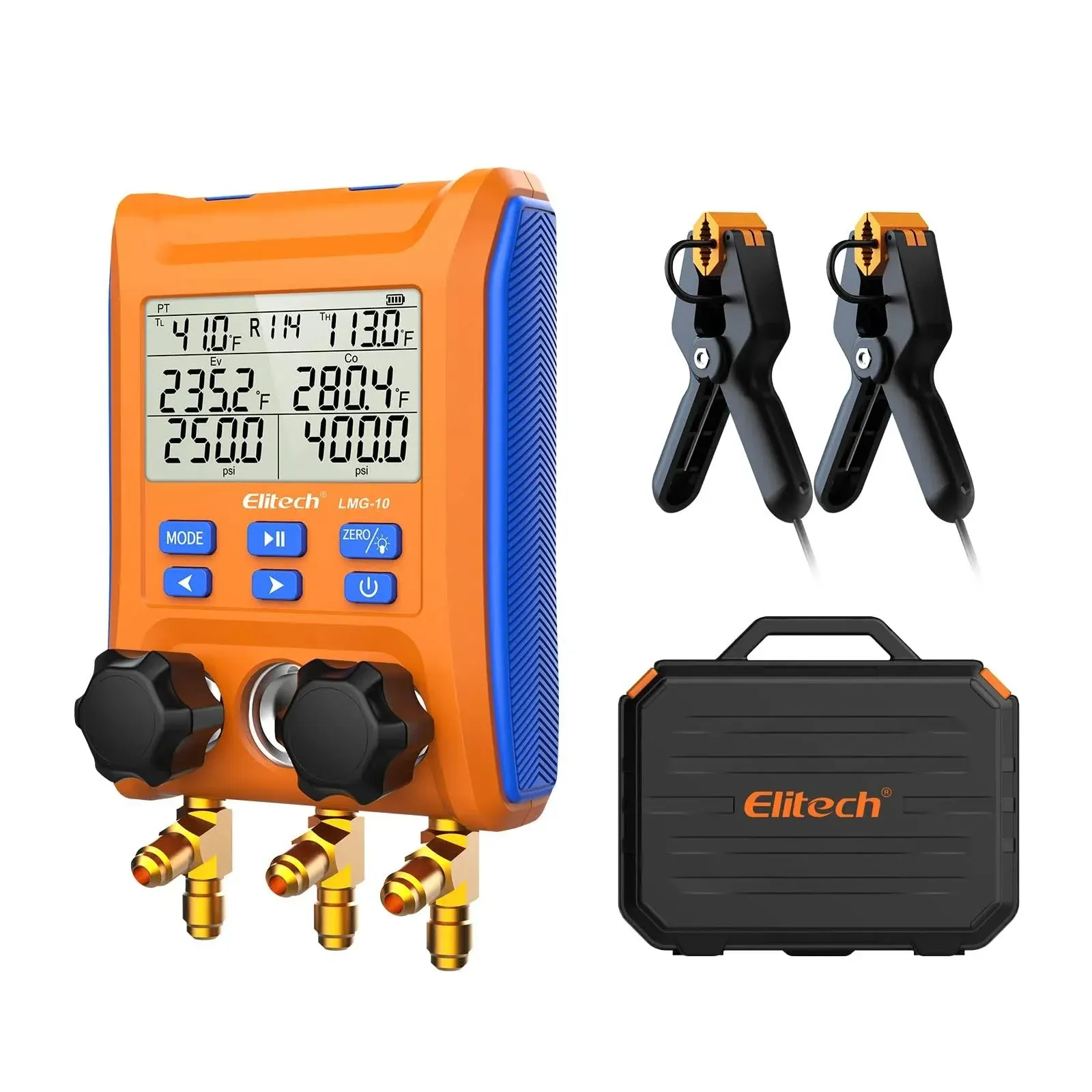 Elitech Digital Manifold Gauge 2-Way Valve with Thermometer Clamps for HVAC Systems LMG-10