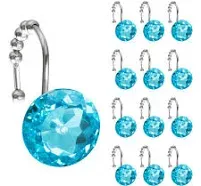 Sunlit Luxury Design Round Aqua Blue Diamond Crystal Gem Bling with Glide Balls Shower Curtain Hooks, Rust Proof Metal Rhinestones Glam Shower Curtain Rings-12 Pack