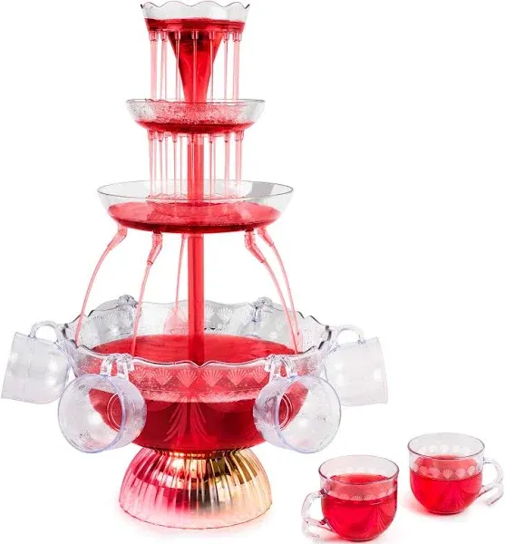 3-Tier Party Fountain, Clear Wine Beverage Fountain with LED Light Lighted Base Includes 8 Reusable Cups for Bar Wedding Christmas Party Decor