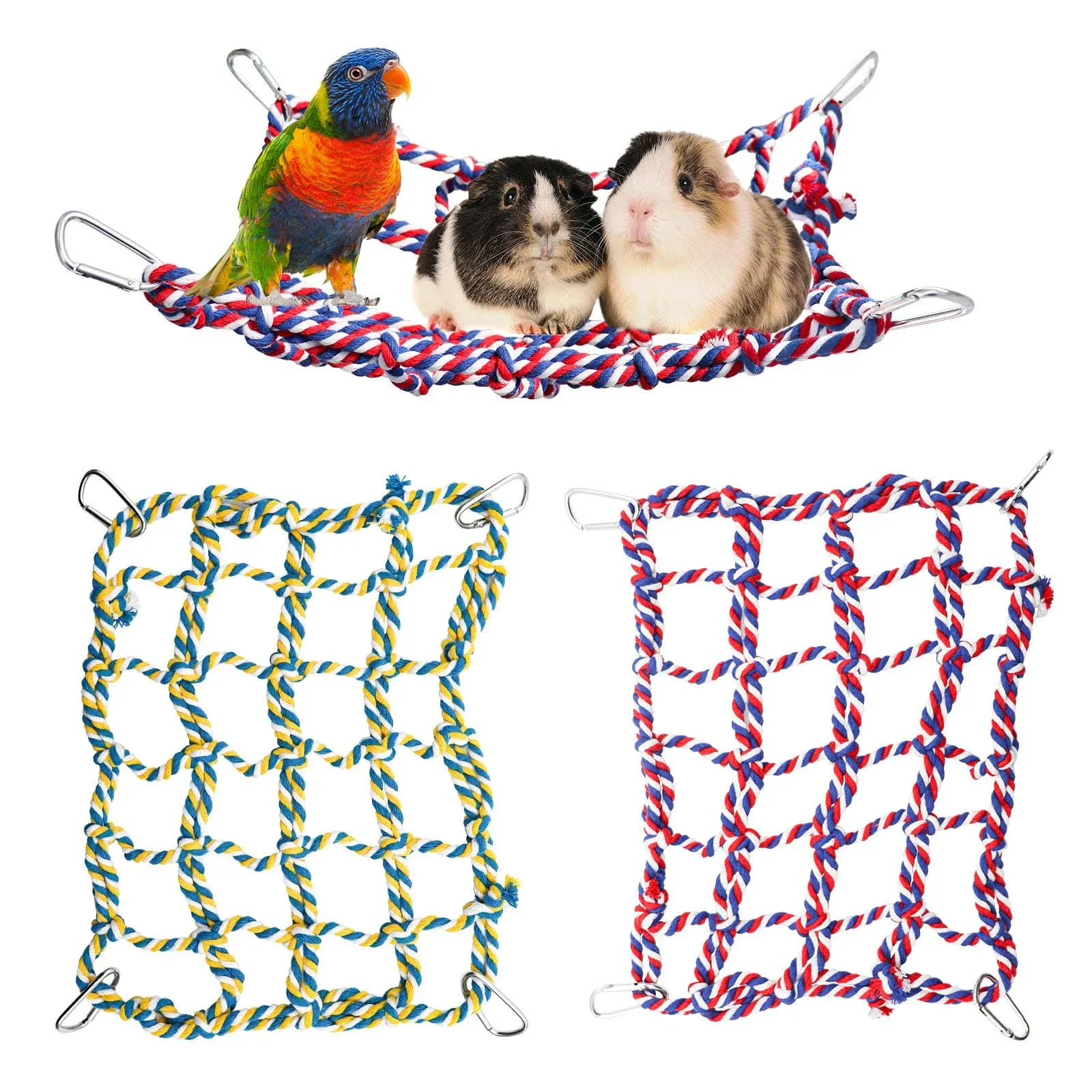 Dnoifne 2 Pack Colorful Bird Rope Net, Rat Climbing Rope Net, Pet Hanging Hammock, Bird Ladder Rope Bridge, Small Animal Rope Net Toy, Cage Decor