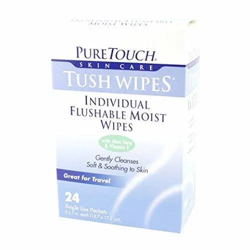 Pure Touch Tush Wipes for Adults 24 Individual Flushable Moist Wipes / 6 boxes 144 Single-Use-Packets