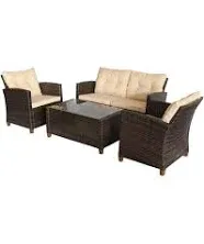 Outsunny 4-Piece Iron Plastic Rattan Patio Furniture Set Cushions, 2 Single Chairs Double Sofa, and Tea Table