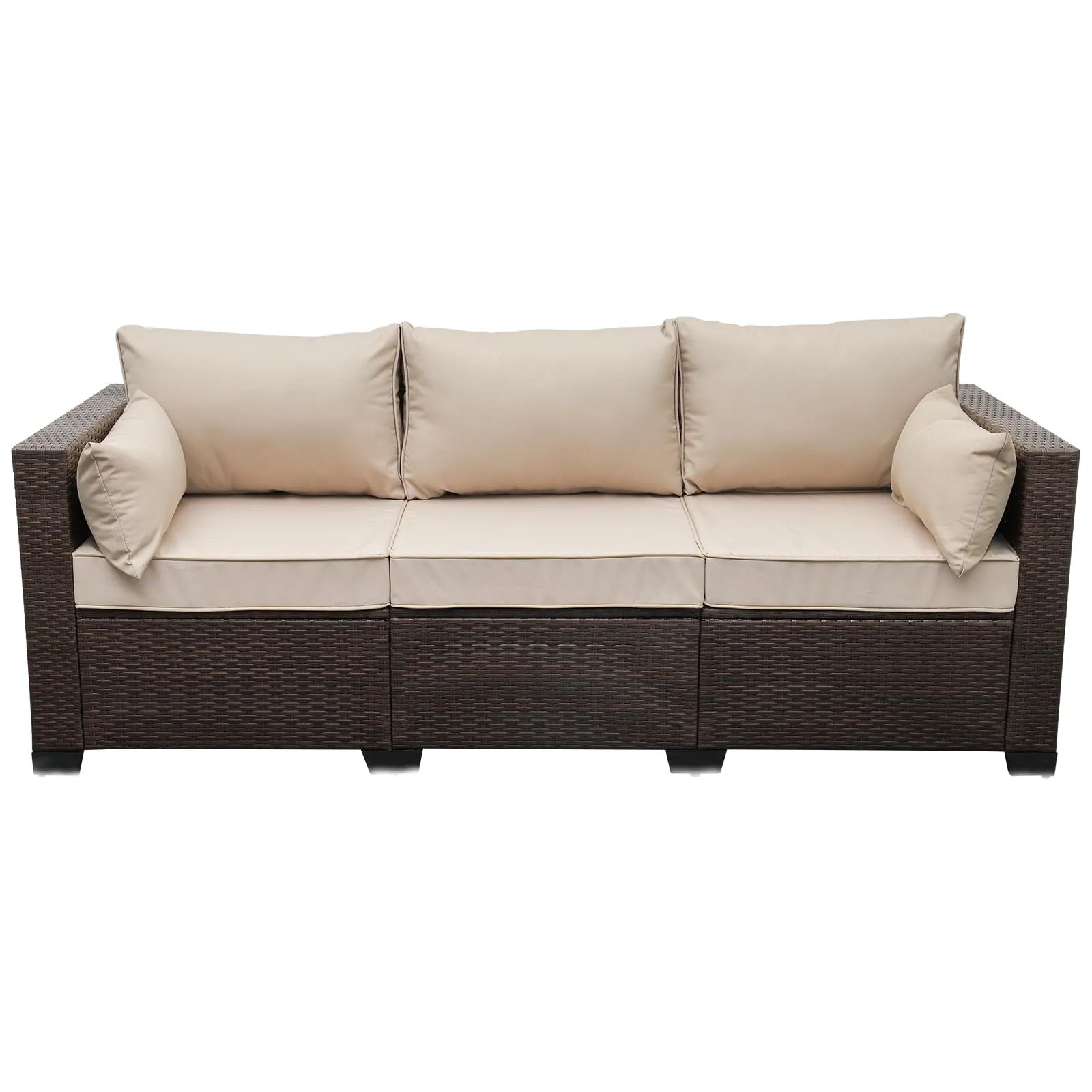 Waroom Patio Couch PE Wicker 3-Seat Outdoor Brown Rattan Sofa Deep Seating Furniture with Non-Slip