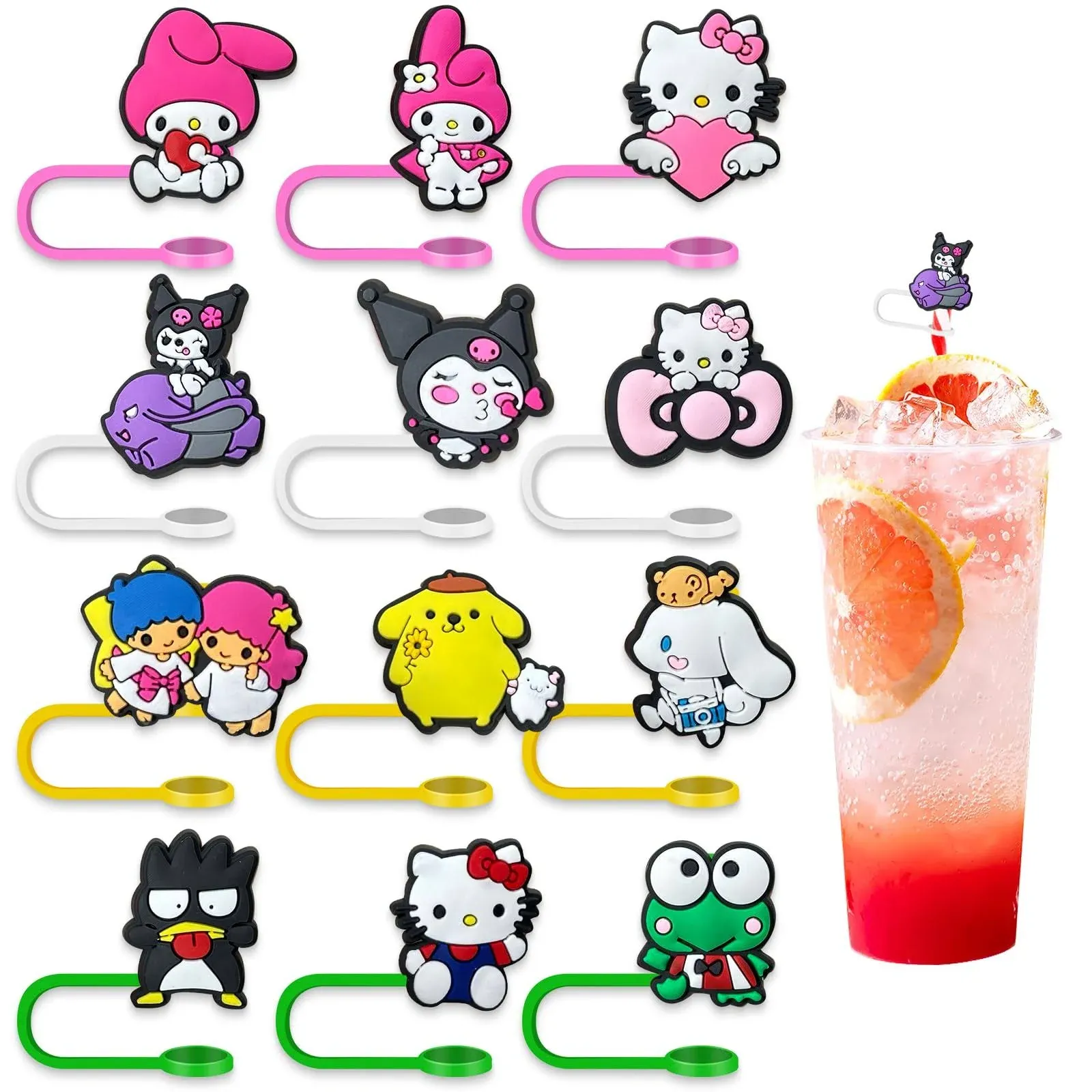 Anime Straw Covers Cap for Cup Straw Accessories, Cartoon Straw Protectors Tips Cover for Reusable Drinking Straws (12)