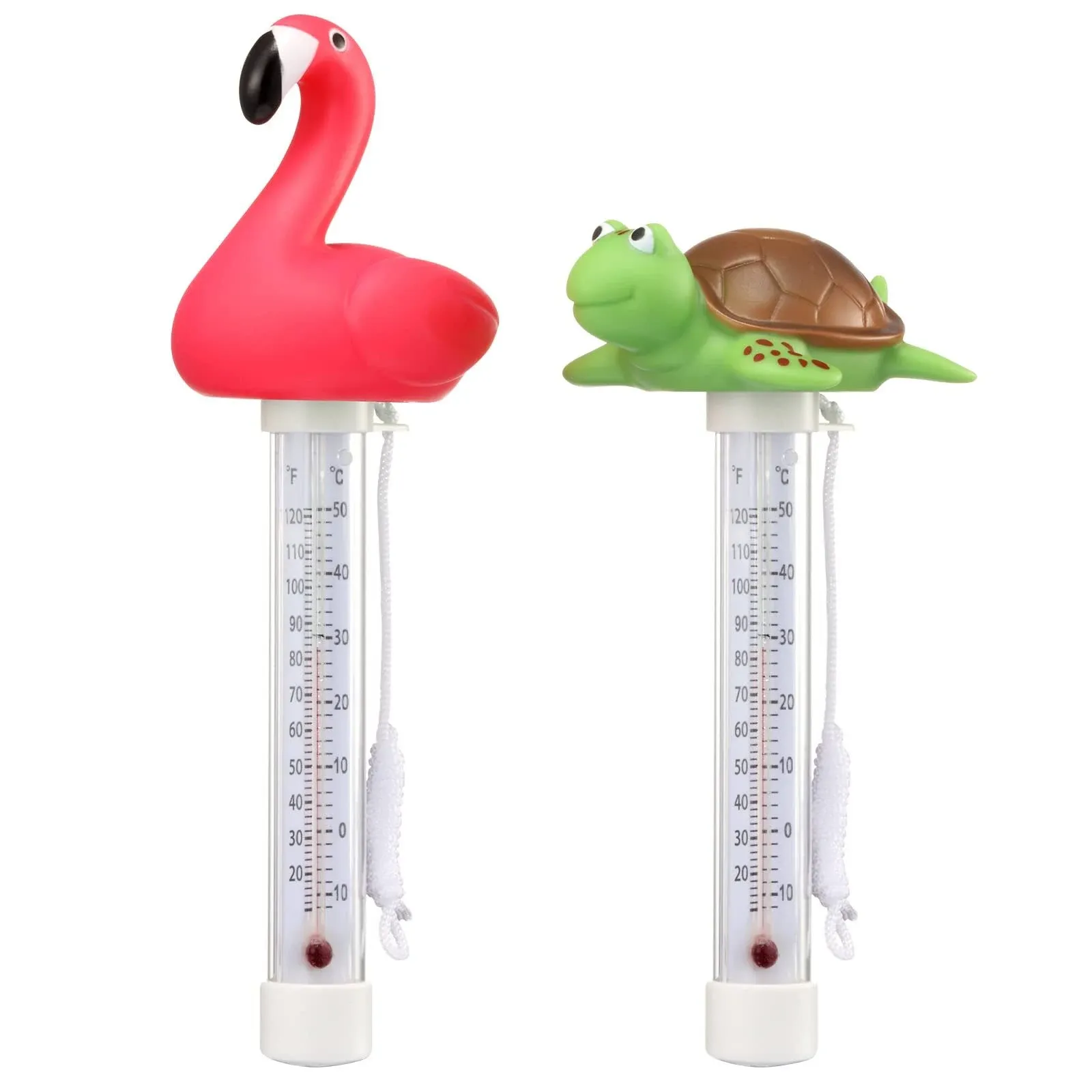 2 Packs Floating Pool Thermometer, Flamingo & Turtle Design Large Size Easy Accurate Readings for Water Temperature, Shatter Resistant with String