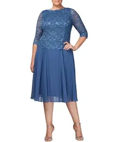 Alex Evenings Tea-Length Dress w/ Sequin Lace Bodice &amp; Chiffon Skirt, Navy - 22W