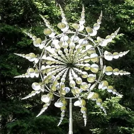 Branded New Magical Wind Powered Kinetic Windmill Metal and Sculpture Spinner Garden Unique Silver Color, Size: Pole Height: 63cm Wind Bell Diameter: 33cm