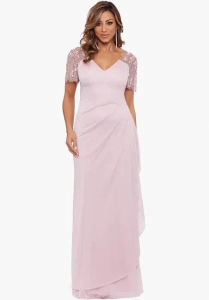 Xscape beaded sleeve ruched column gown