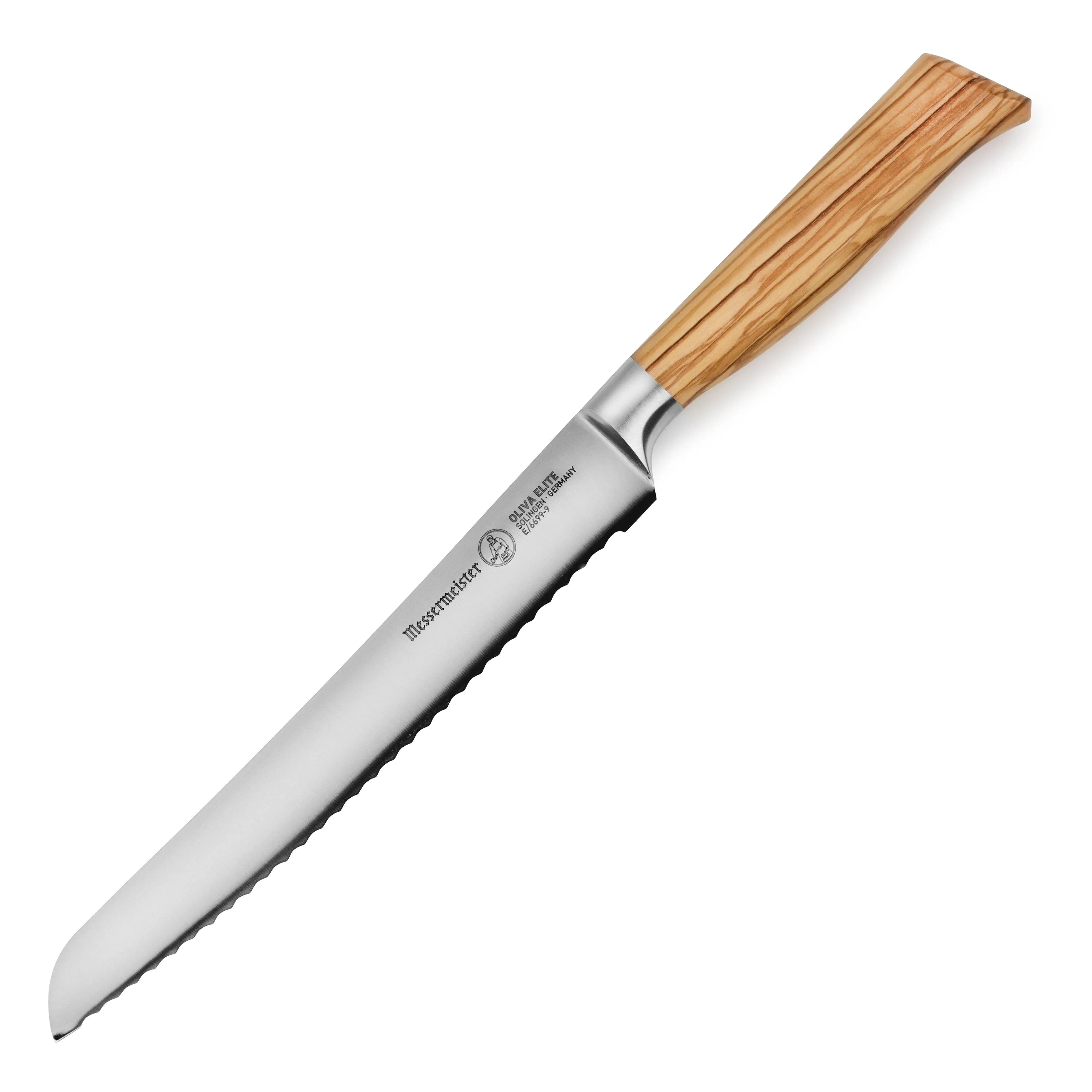 Messermeister Oliva Elite 9” Scalloped Bread Knife - Fine German Steel Alloy Blade & Natural Mediterranean Olive Wood Handle - Rust Resistant & Easy to Maintain