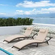 Alaulm Patio Chaise Lounge Sets Outdoor Rattan Adjustable Back 3 Pieces Cushioned Patio Folding Chaise Lounge with Folding Table