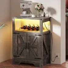 DWVO Wine Cabinet w/Power Outlets &amp; LED Lights, 31.5&quot; Farmhouse Bar Cabinet w/Wine Rack, Coffee Bar w/Glass Holder, Small Alcohol Cabinet w/Barn Door for Kitchen Dining Room, Dark Rustic Oak