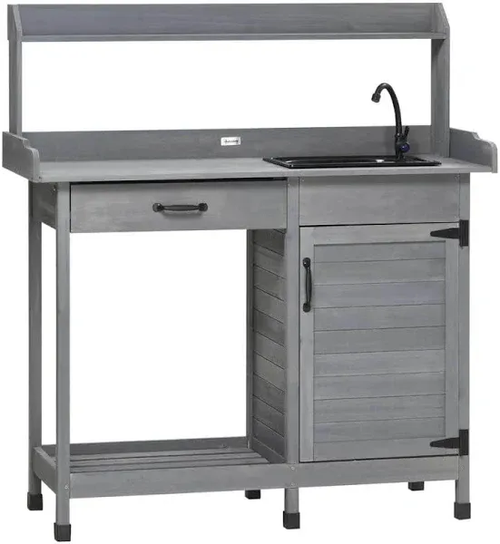 Outsunny Potting Bench Prep Table with Faucet Sink and Storage Cabinet