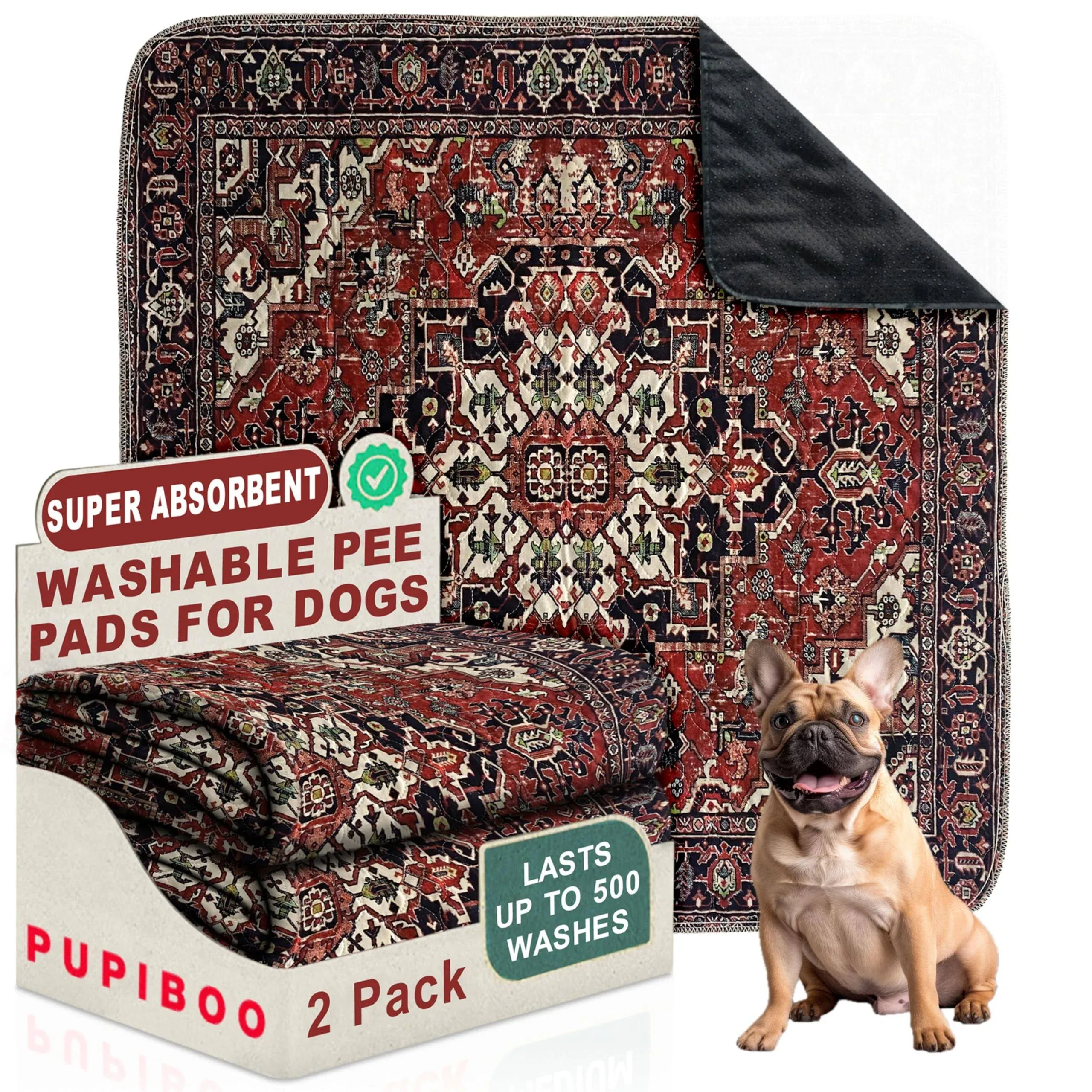 Pupiboo Washable Dog Pee Pads - 2 Super Absorbent Reusable Puppy Training Pads - 100% Waterproof, Leak-Proof & Non-Slip Whelping Pads for Pet