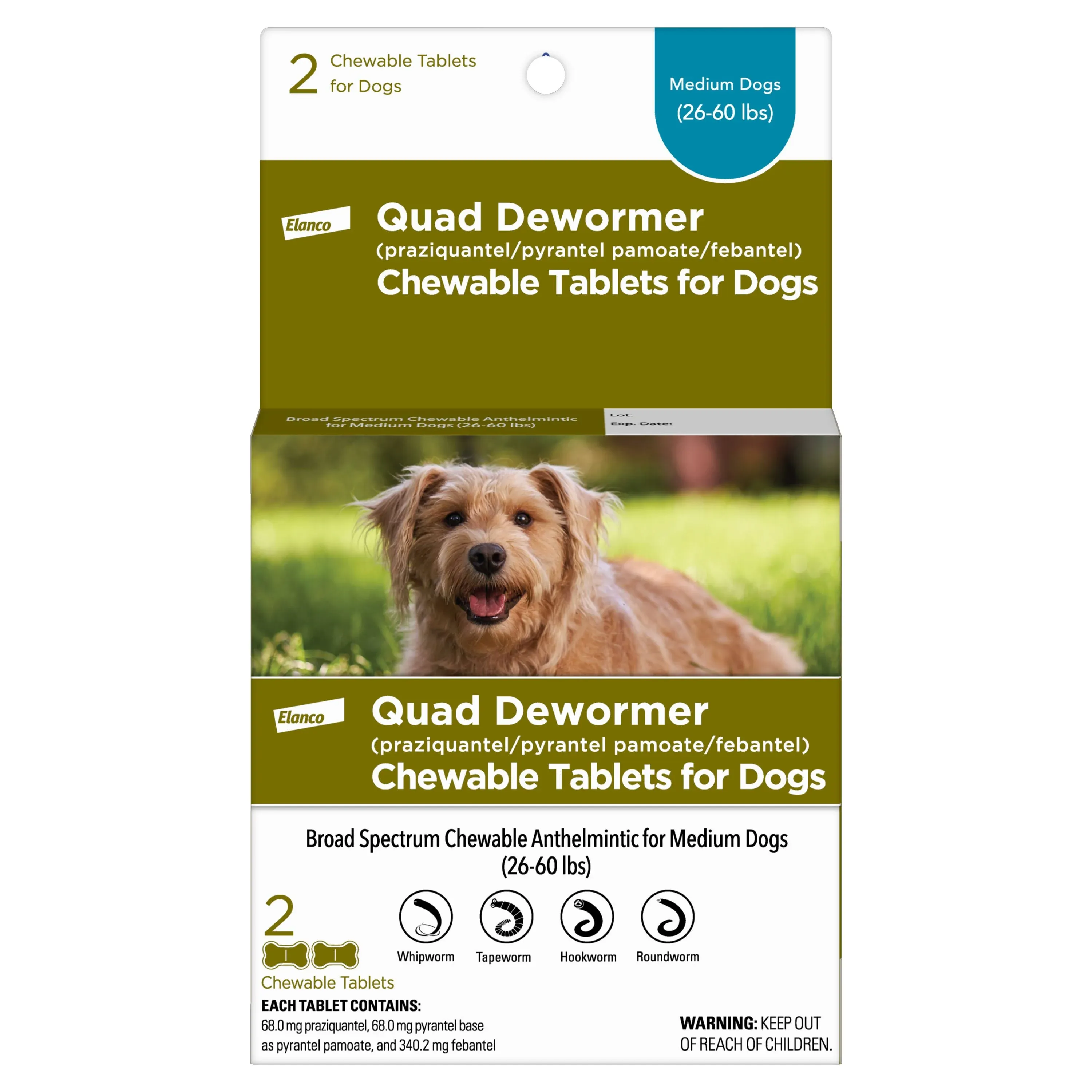 Quad Dewormer for Medium Dogs (26-60 lbs) - 2 Chewable Tablets