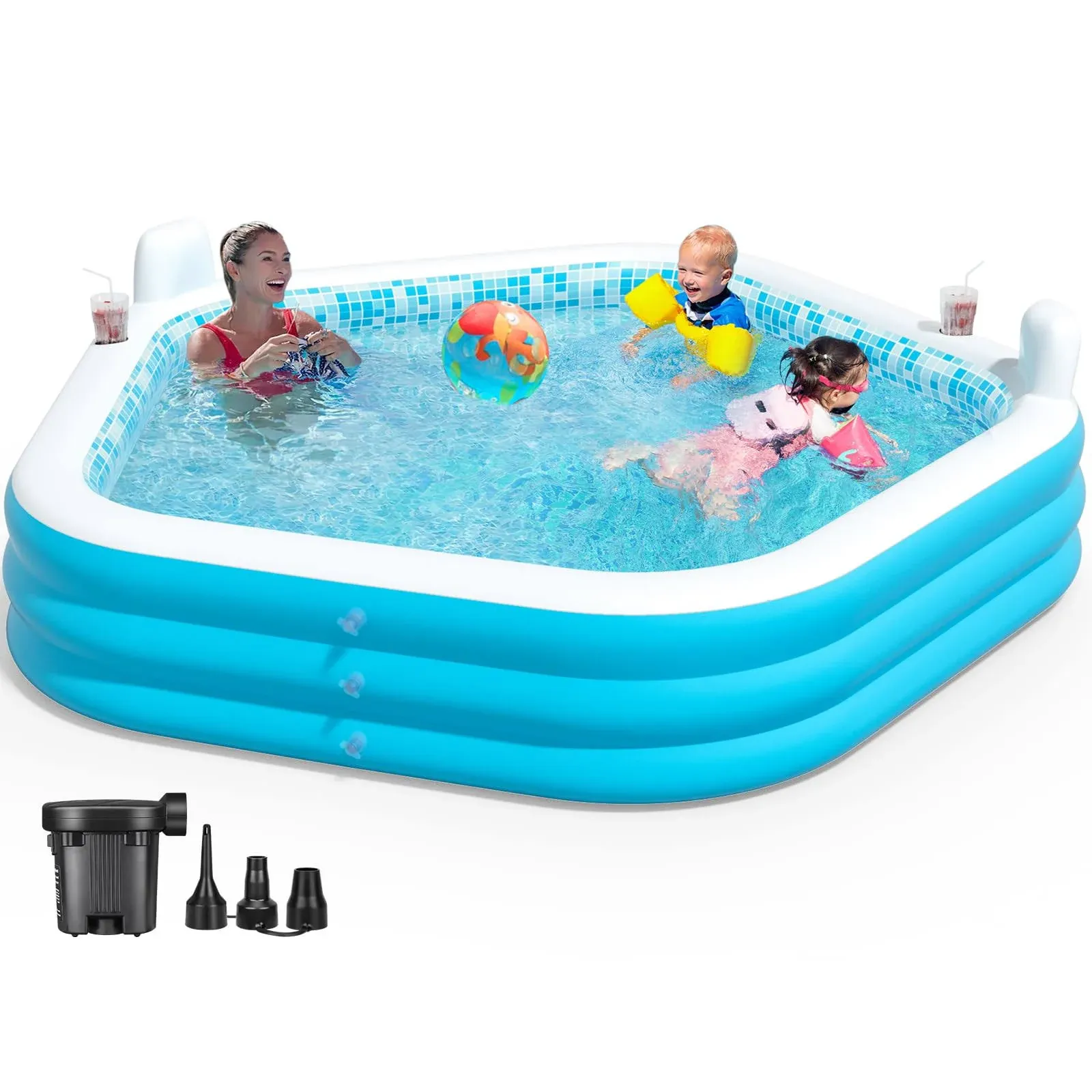 Inflatable Swimming Pool 90" x 90" x 26" Kiddie Pool with Pump