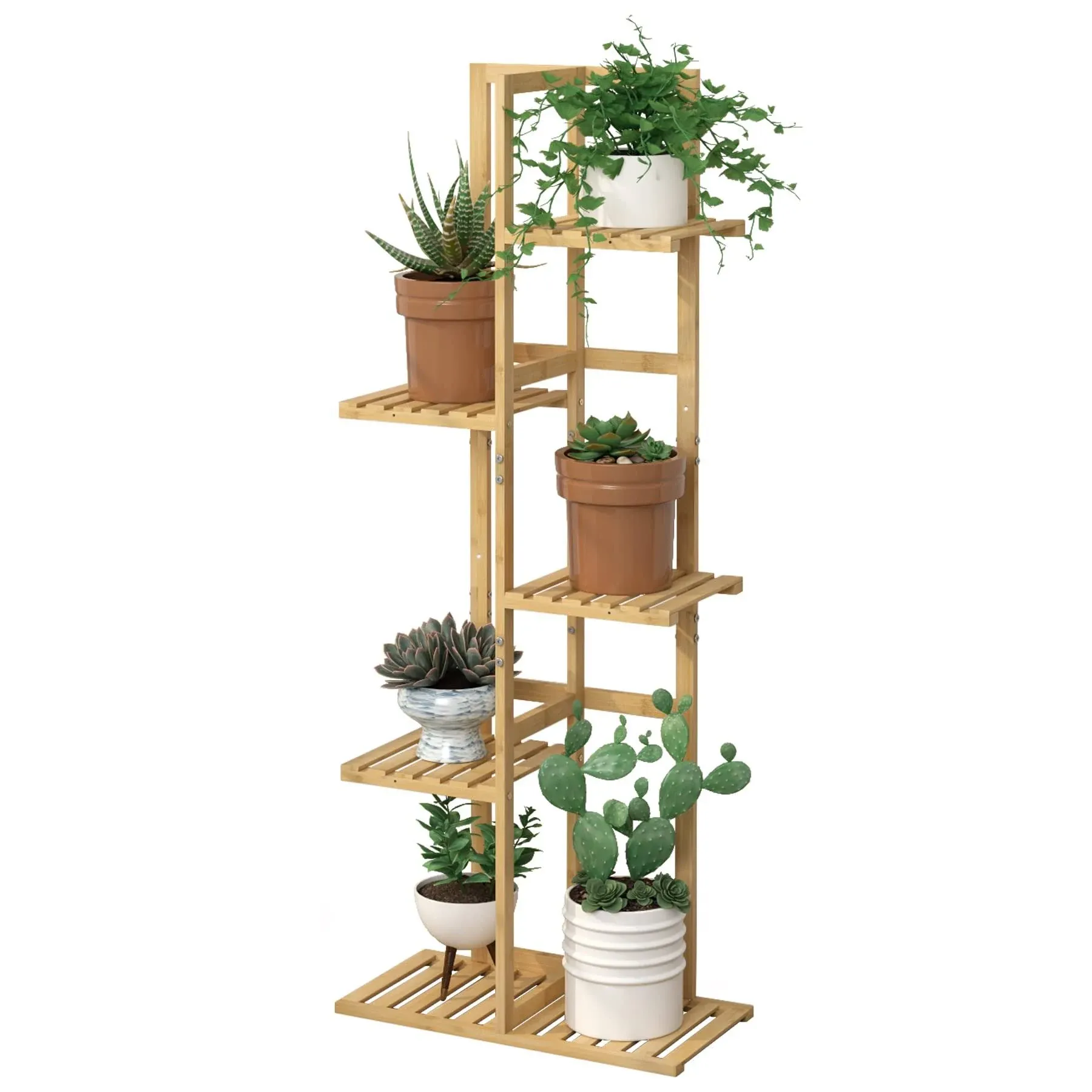 Laiensia Bamboo 5 Tier 6 Potted Plant Stand Rack Multiple Flower Pot Holder Shelf, Indoor&Outdoor Planter Display Shelves for Patio Garden, Living Room, Corner Balcony and Bedroom,Wood Color