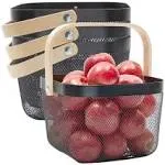 Juvale 4 Pack Square Mesh Fruit Basket with Wooden Handle for Kitchen Storage Organization (Black, 9.4 x 6.9 in)