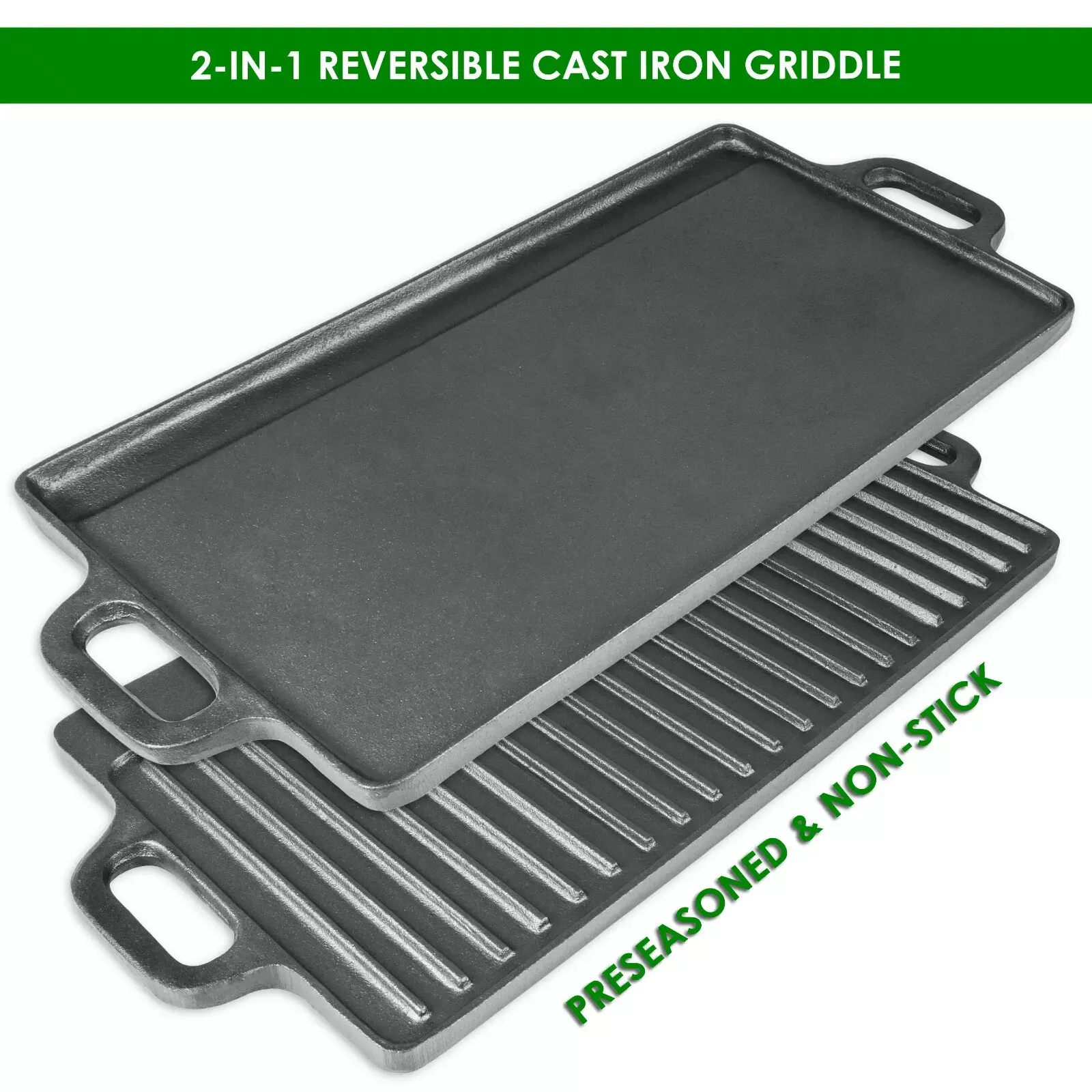 ProSource 2-in-1 Reversible &amp; Preseasoned 19.5” x 9” Cast Iron Griddle