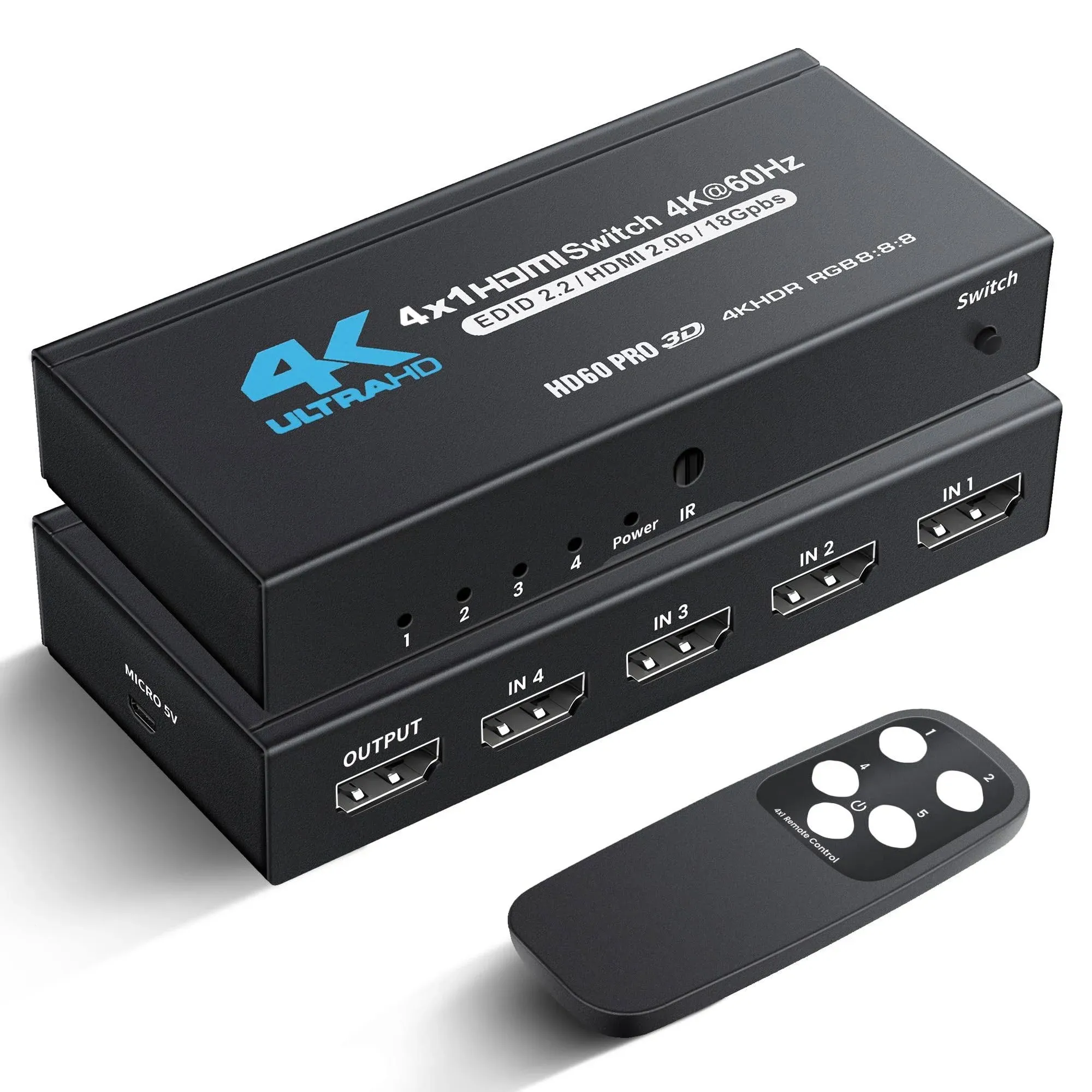 4K HDMI Switch 4x1, 4K@60Hz 4 in 1 Out HDMI Switcher Selector with IR Remote Control, Supports HDCP 2.2 4K@60Hz UltraHD HDR10 3D HD1080P Dolby DST, HDMI Splitter for PS4 Xbox Apple TV Fire Stick