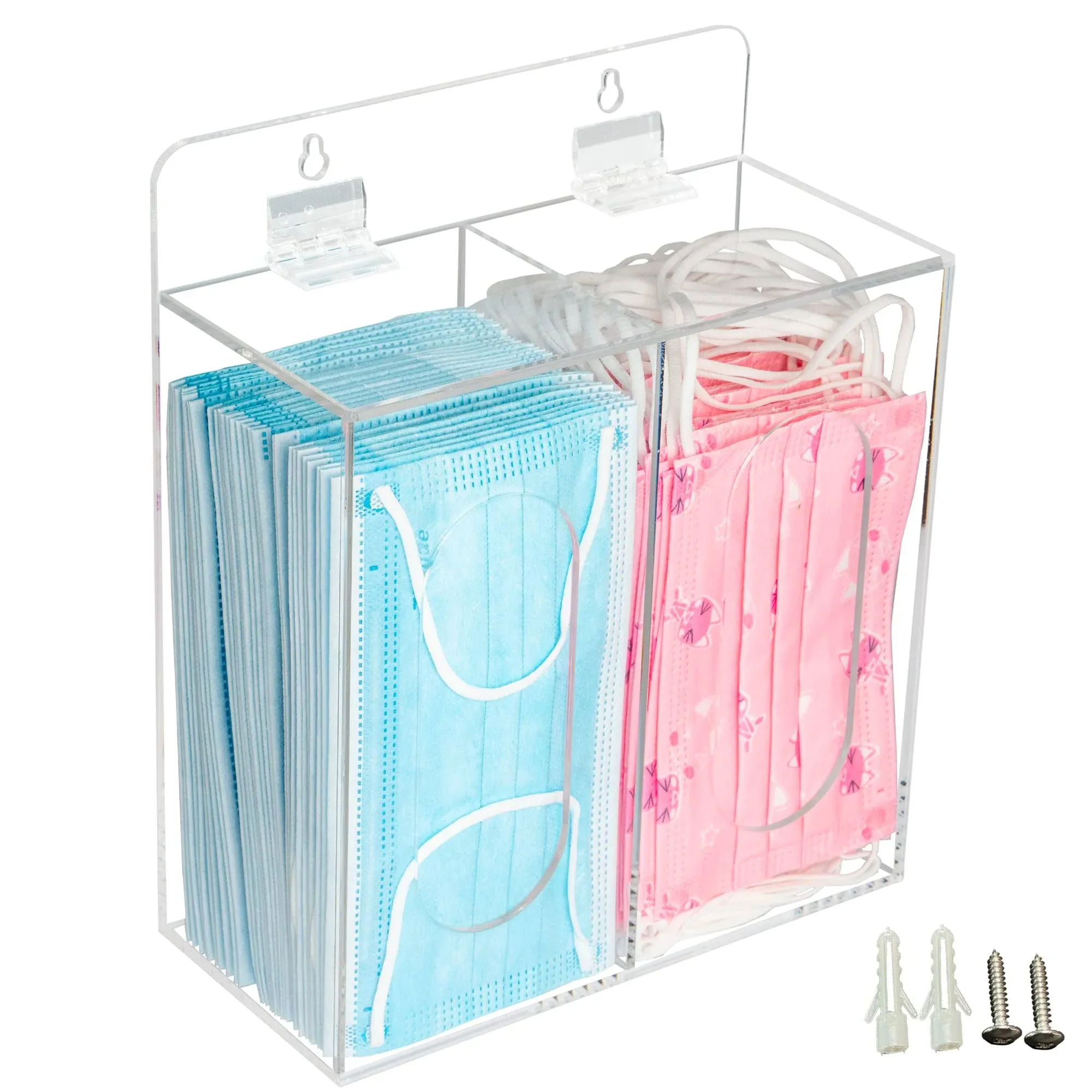 Face Mask Dispenser Box Acrylic Gloves Holder Hygiene Station with Lid for Disposable Emesis Bag, Shoe Cover and Hairnet，Wall Mount Holes or Tabletop Holder (Clear)