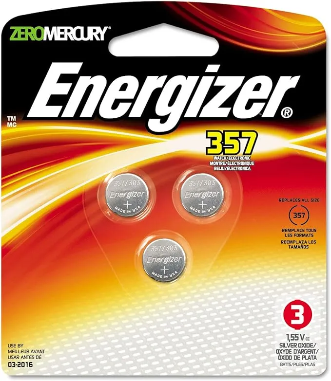 Energizer Battery 357BPZ-3 Watch/Calculator Button Cell Battery with Zero Mercury - Card/3 (Pack of 10) total of 30 batteries.